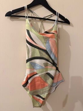 Women’s Abstract Print One-Piece Swimsuit in Pastel Greens & Coral